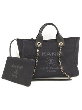 Chanel Deauville 2-Way Tote Bag Chain Shoulder Canvas Navy